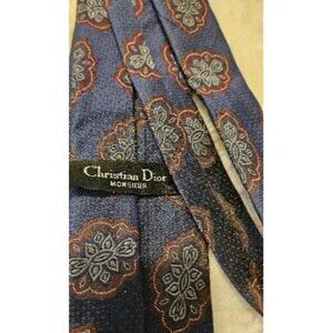 Christian Dior Navy Blue w/ Floral Pattern 100% Silk Necktie Made in Italy